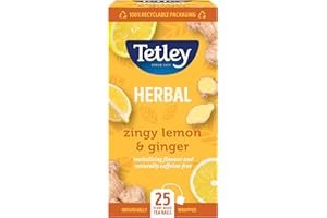 Tetley Zingy Lemon & Ginger Herbal Tea Bags - Naturally Caffeine-Free - Perfectly Balanced Citrus & Spice Infusion - Ideal for Relaxation - Rainforest Alliance Certified - 25 Teabags (1 Pack)