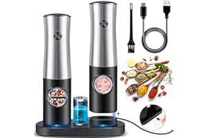 RAYCIAL Salz und Pfeffermühle Elektrisch, Wiederaufladbare Salzmühle Elektrisch 2er Set Gewürzmühle mit Doppelter Ladestation, Einhandbedienung, Weißem LED-Licht und Einstellbarer Grobheit