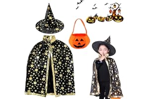 AOMAIGAD Capa del mago para Halloween,Capa De Bruja para Niños,Capa de Bruja de Halloween para Niños,Con sombrero de bruja y bolsa de calabaza,Disfraces de cosplay de Halloween