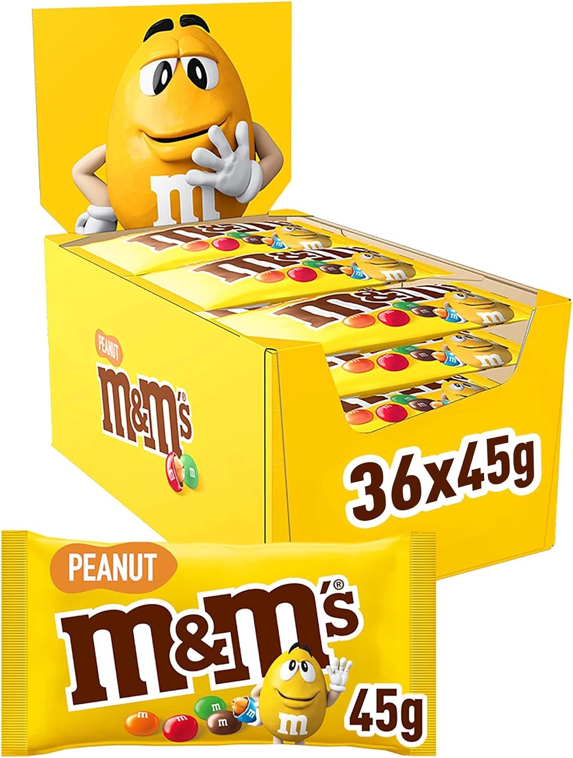 M&M'S PEANUT - Bonbons Chocolat au Lait & Cacahuètes - 36 x 45g Sachets de Chocolats - Grand format - 1,620kg