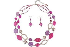 Bocar 2 Strand Dichiarazione Choker Shell collana e orecchini set per le donne regalo (NK-10370-Fucsia viola)