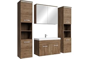 ‎BADPLAATS B.V. Badplaats Badmöbel Komplettset Paso XL LED 80 x 40 cm Braun Eiche - Badezimmermöbel mit Waschbecken, Spiegelschrank und 2 Badezimmerschränke