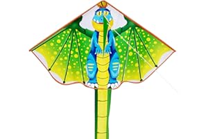 VSPEK Large Dinosaur Kid's Kite - Beginner Single Line Colorful Beach & Park Game Activity with Long Tail, Winding Handle & Line, Green