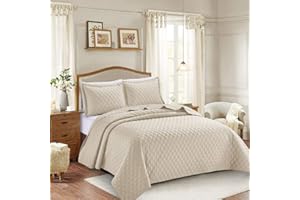 TEXTILE HOME HOME DÉCOR Textile Home 3 Piece Quilted Bedspread Bedding Set Comforter Throw with Matching Pillow Shams (Beige, King)