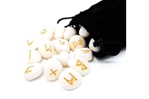 AB VIKING CRAFTS Lot de 25 pierres précieuses runes - Agate blanche - 25 pierres d'environ 25 mm dans une pochette en velours - Mythologie Viking ésotérisme - Méditation magique (agate blanche, fate de la paix,