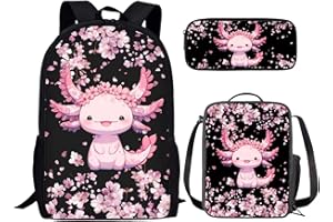 KUIFORTI Ensemble sac à dos 3 en 1 pour enfants, cartable, sac à déjeuner, trousse à crayons, cadeau pour adolescents, garçons et filles, Axolotl Fleurs de cerisier, Taille unique, Sac à dos d'école