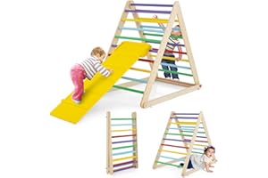 COSTWAY Triangle d'escalade Montessori Enfant avec Rampe, Échelle d’Escalade Pliable en Bois avec Structure Stable, Charge 50KG, Aire de Jeux d’Escalade Intérieur pour Grimper pour Bébé 1 an+