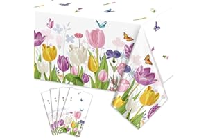 PTECDROTS Tulpen-Party-Tischdecken, rechteckig, Blumen-Tischdecken, Aquarell, Tulpe, Tischdecke, Schmetterlingstischdecke für Tee, Lila, Schmetterling, Tulpen, Frühling, Geburtstag