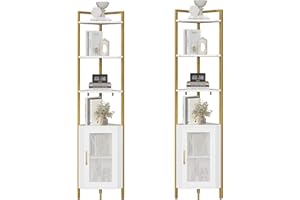 HOCSOK Estantería esquinera de 181 cm con 6 Niveles, con 5 estantes y Puerta, estantería de Almacenamiento para salón, Dormitorio, Oficina, Cocina, Color Blanco y Dorado(2pcs)