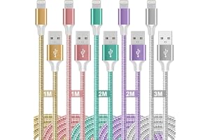 MAIMEITE Câble de Charge pour iPhone, 5 Packs de Câbles Lightning, 5 Couleurs de Câbles de Charge Rapide Certifiés Apple MFi, 1M/2M/3M Câble USB A Tressé en Nylon pour iPhone 14/13/12 Series et Autres
