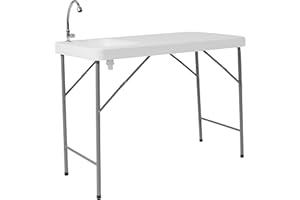 Flash Furniture Wesley Tragbarer Fischreinigungstisch mit Spüle, tragbar, zusammenklappbar, Campingtisch mit Wasserhahn und Schlauchbefestigung, 1,2 m, Weiß