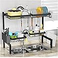 SNSLXH［2 Tier 4 Baskets］Over The Sink Dish Drying Rack, 24.8"-35.4", Dish Drying Rack for Kitchen, Over Sink Dish Drying Rack for Family Use, Above The Sink Dish Drying Rack