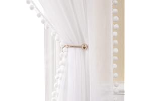 MIULEE Gardinen mit Pompons-Wunderschöne Weiss Vorhang mit Bommeln für Kinderzimmer, Mädchen Zimmer, Transparent Ösenvorhang 2er Set für Schlafzimmer Wohnzimmer, Jeder H 215 X B 140cm