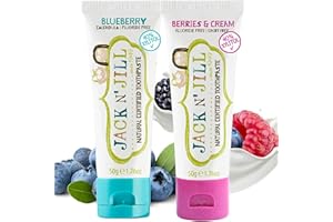 JACK N' JILL Jack N’ Jill Natural Certified Kids Toothpaste – Fluoride-Free Toddler & Baby Toothpaste with 40% Xylitol, No Sugar, Suitable from 6 Months+, Blueberry and Berries & Cream, Pack of 2 (50g Each)
