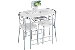 Yaheetech 3 Piece Modern Dining Table Set, Kitchen Table and Chairs Set for 2, Space Saving Table Set, Breakfast Nook Table Set with Steel Legs and Storage Rack for Kitchen/Small Space, White