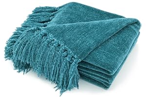 RECYCO Chenille Throw Blanket with Tassels Soft Cozy Sofa Chair Bed Gift, 152x127cm, Teal