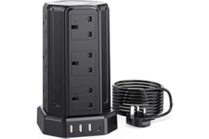 AODENG Extension Lead 5M, [13A 3250W] 12 Way Tower Extension Lead Multi Plug Extension Sockets with 4 USB Slots, Surge Protector Extension Cable 5M for Home, Office, Kitchen