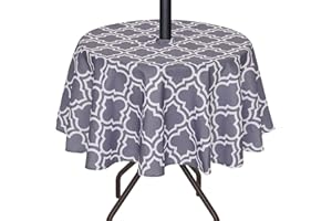 3E Home Outdoor Table Cloth,Splashproof Patio Round Tablecloth with Parasol Hole and Zipper for Garden Picnic BBQ Partyic [60 inches (152 cm) Grey Lattice]