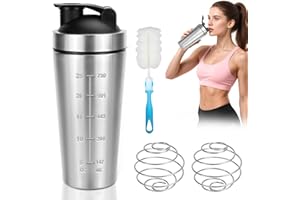 QGGTQG Shaker Acero Inoxidable, 750 ml Shaker Proteinas, con Bola Agitadora y Cepillo de Taza, Doble Mezcla, Escalas Interior y Exterior, Coctelera Proteinas Para Fitness, Ciclismo, Regalos, Plata