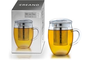 Creano Tea Glass with Stainless Steel Infuser and Lid 400ml - Large Tea Cup - Microwave & Dishwasher Safe - Loose Leaf Tea Maker Gift Set