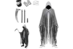 Viechoes Halloween Geister Kostüm Erwachsene – Gruselige Geist Umhang mit Kapuze, Horror Geister Kostüm Für Herren Damen inkl. Sichel, Schädelmaske, Handschuhe, Ketten​