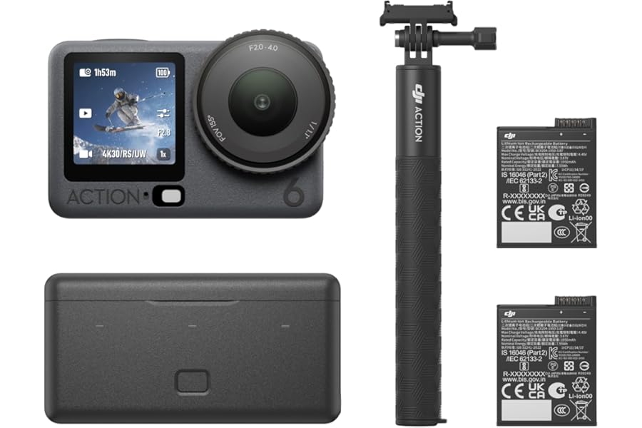 DJI Osmo Action 6 Enhanced Combo, Action Camera With 1/1.1″ Square Sensor, Variable Aperture of f/2.0–f/4.0, Extended Battery Life With 2 Batteries, Action Camera 8K for Extended Outdoor Filming