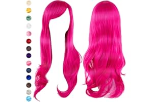 YOUYIKE Pelucas Largas Onduladas para Mujer, 24 Pulgada/ 70cm Rosa roja Peluca Sintética de Onda Natural Larga, Flequillo Pelo Natural Largo Ondulada, para Cosplay Fiestas Carnaval Halloween Pascua