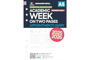 NBPLANNER Agenda accademica 2025/26, formato A5, settimana su due pagine, con inserto di ricarica per agenda per appuntamenti, compatibile Filofax A5, inglese, festività del Regno Unito (appuntamenti accademici