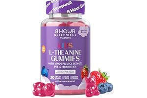 8 HOUR SLEEPWELL Kids L Theanine Gummies – 50mg with Magnesium Glycinate & Prebiotics to Improve Kids Concentration & Focus | Sugar-Free, Vegan & Chewable | Ages 3+ | Berry Flavour | 1 Month Supply