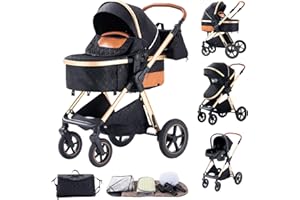 BEBBY Poussettes 3 en 1 Citadines Poussettes Combinées Poussette Poussettes Combinée Portable Pliant en Un Clic Poussette Canne Paysage Haut Cadre en Aluminium Pour Nouveau-né 0-36