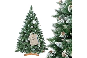 FairyTrees árbol de Navidad Artificial 150cm Pino con el Soporte de Madera | árbol Artificial Blanco nevado| Fabricado en EU