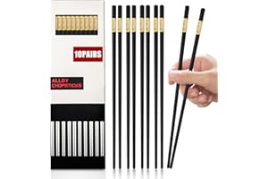 Jiaoshou Pan 10 Paia Bacchette Sushi in Fibra di Vetro, Lavabili in Lavastoviglie e Riutilizzabili, Bacchette Giapponesi, Chopsticks Nere 24CM per Casa Cucina Ristorante (Golden Ruyi)