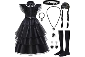 NINGESHOP Wednesday Kostüm kinder, Mittwoch Kostüm Mädchenkleid,Gothic Kleider Outfits mit Perücke,Ohrring,Socken,Kleid für Mädchen Halloween Karneval Cosplay Party Outfit 4-14 Jahre, 140 cm