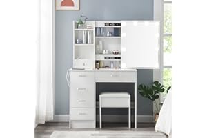 TOPHEHAN Dressing Table with LED Lights, Vanity Table with Adjustable Brightness Mirror, Makeup Desk with Drawers and Open shelves for Bedroom,Modern (H1907UKPW)