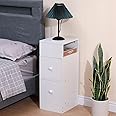 Slim Bedside Table with 2 Drawers & Open Shelf, Compact Wooden Lamp Table Telephone Table for Home Office, Narrow Nightstand for Bedroom, Living Room Sofa Side End Table, Underdesk File Cabinet, White