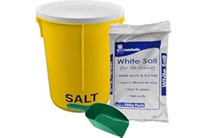 KetoPlastics 25L Yellow Grit Salt Bin 43cm with Lid and 10kg White De-icing Salt for Driveway, Path and Patio with Scoop