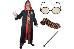 LOVETRENDS Adults Wizard Costume - Black Robe with Magical School Logo, Striped Tie, Round Glasses, Branch Wand - Adults World Book Day Book Week Fancy Dress Costume