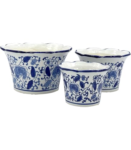 Vaso Da Fiori In Porcellana Blu E Bianco Stile Ming - Forma Esagonale, 25,4 Cm, Con Foro Di Drenaggio - 2