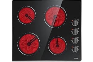 HOBSIR HOB Hobsir Piano Cottura Vetroceramica 4 Fuochi con Manopola, 6000W Piastra in Ceramica, Piano Cottura Elettrico 59CM, 9 Livelli di Potenza, 220V