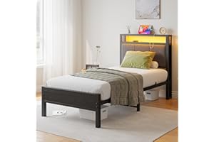 FOUBAM 3FT Single Bed Frame with LED Lights and Charging Station, Heavy Duty Metal Bed with Storage Fabric Headboard,Solid and Stable, Metal Slats Support,Mattress Foundation (Black)