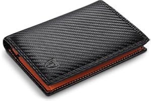 TEEHON® Men's RFID Blocking Carbon Leather Wallet with 11 Credit Card Holders, 2 ID Window, Zipper Coin Purse, 2 Banknote Compartments, Vertical Trifold – Black and Orange