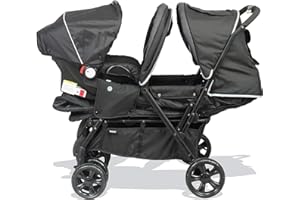 BAMBISOL Poussette Double 2-en-1 pour Jumeaux dès la Naissance | Cosy Siège Auto i Size Gr0+ Inclus, Pliable avec Habillage Pluie et Grand Panier | Noir et Gris Chiné