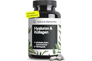 ‎NATURAL ELEMENTS natural elements Hyaluronsäure Kollagen Komplex - 180 Kapseln - Angereichert mit Biotin, Selen, Zink, Vitamin C aus Acerola & Bambusextrakt - Laborgeprüft