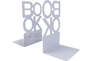 MENGH-SHOP Metal Bookend Creative "BOOK" Letter Pattern Book Support Organizer Nonskid Art Book Stand for Desk Office Home Decoration Students Gift 1 Pair (White, Height 205mm)