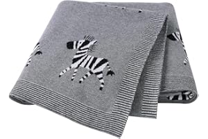 DovFanny Baby Blanket 100% Cotton Knitted Soft Blanket for NewBron with Lovely Zebra 100 x 80cm Grey