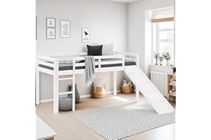‎HOMESTYLE4U Homestyle4u Hochbett 90x200 mit Rutsche Treppe Weiß Kinderbett Etagenbett Bettgestell Kiefer Holz Massiv Stockbett Bunk Bed | Artikel 1434