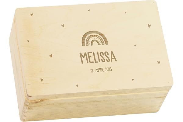 LAUBLUST Boîte à souvenirs bébé personnalisée - Cadeau de naissance avec nom | Arc-en-ciel avec cœurs, tailles S, M, L, XL - Boîte à souvenirs pour fille & garçon | Boîte en bois naturel & blanc, FSC®