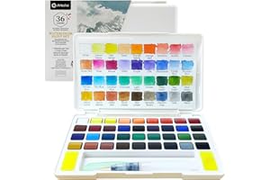 Artecho Aquarellfarben Set 36 Farben in Tragbarer Box, Mit Wassertankpinsel, Aquarell für Reisen, Wasserfarben für Künstler und Hobbymaler