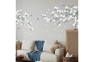 Tanlaby Blu Bianco Fiore Adesivi Murali Fiore di Ciliegio Adesivi da Parete Uccelli sul Ramo di Albero Stickers Muro Removibili per Camera da Letto Soggiorno Divano TV Decorazione Parete