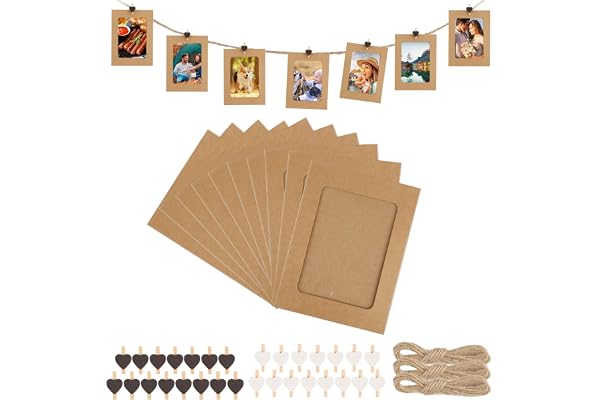 jwogngls 30 stycken bildram i kraftpapper 10 x 15 cm fotoram av kartong, fotogirlang med 30 minikärlek, träklämma och 3 rullar hamparep för födelsedag/bröllop/årsdag, gör-det-själv